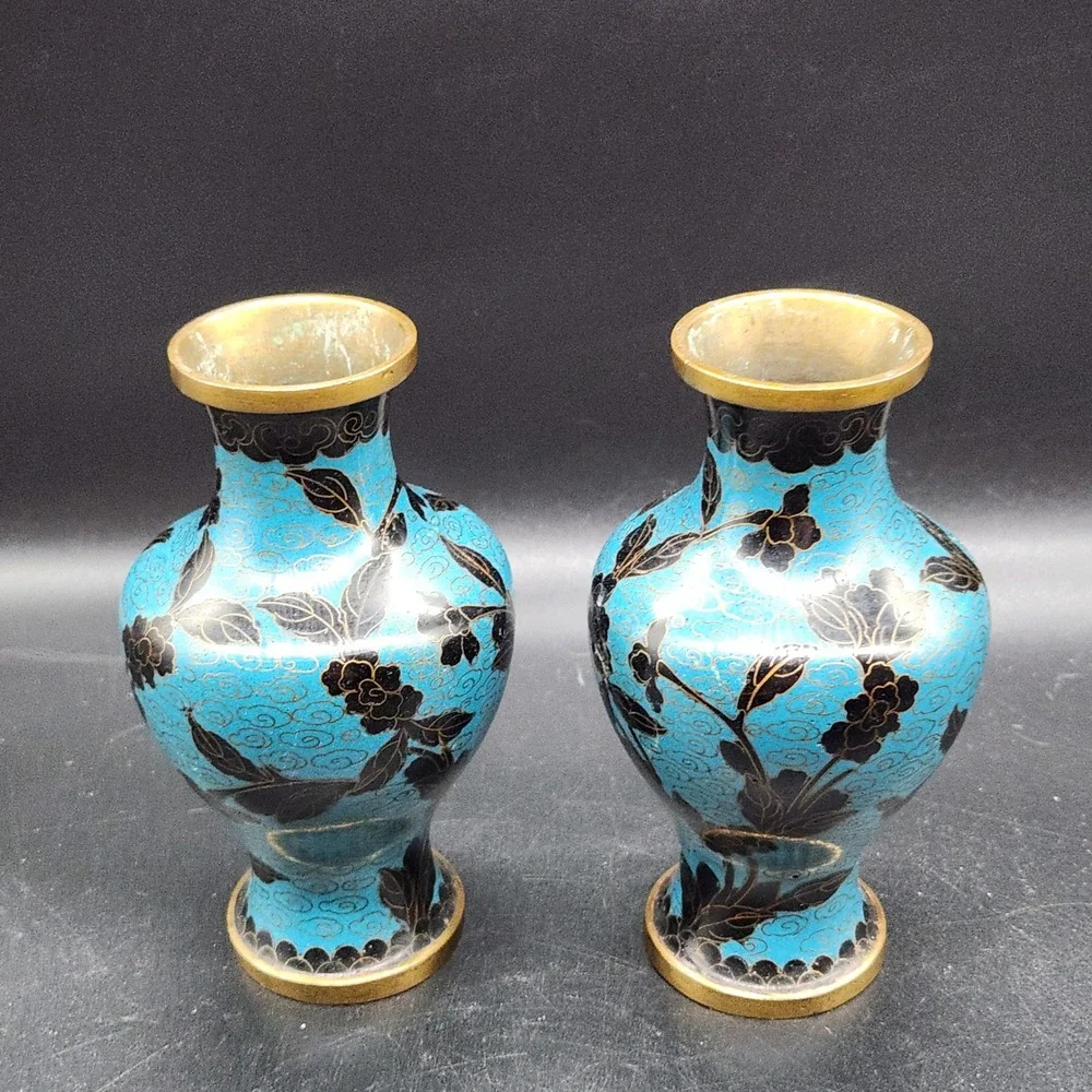 Vintage Pair Cloisonne Enamel Vases Turquoise Blue Black Gold Floral Brass 5
